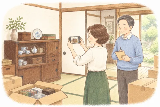 家財の整理と費用を考えるイメージ。箪笥や段ボールが残る和室の机に、間取り図と書類、電卓が並ぶイラスト