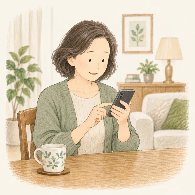 実家に残った家財について、スマートフォンからメールで相談する女性のイラスト