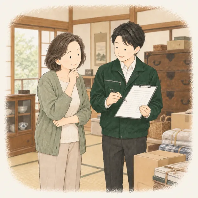 実家の和室で家財の量を確認しながら、片付けの見積りを説明する担当者のイラスト